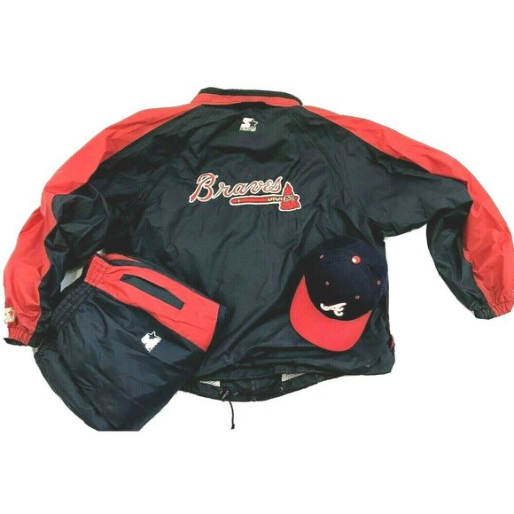 Mens XL Atlanta Braves Windbreaker Tracks Suit w/ Hat VTG & Pants Starter Brand